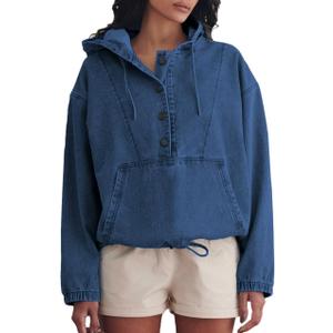 Aomice Women's Denim Hoodie Half Button Down Pullover Jacket Jean Sweatshirt Tops with Pockets Dark Blue M