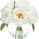 WELL KNOWN Artificial Flowers in Vase, Peonies Artificial Flowers for vase with Faux Water for Coffee Table Decor, Silk Fake Flower Arrangements Peonies Table Centerpieces (White) (Ivory)