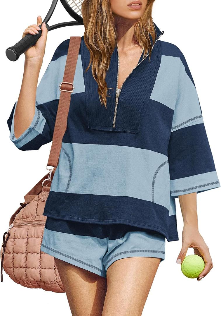 ReachMe Womens Workout Striped Short Sets Matching Lounge Sets (M)