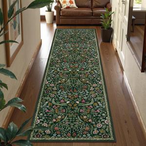 Lahome Claude Floral Kitchen Runner Rug, 2.6x8 Green Non Slip Hallway Runner Rug, Soft Thin Stain Resistant Long Carpet for Laundry, Washable Boho Carpets for Bathroom Entryway