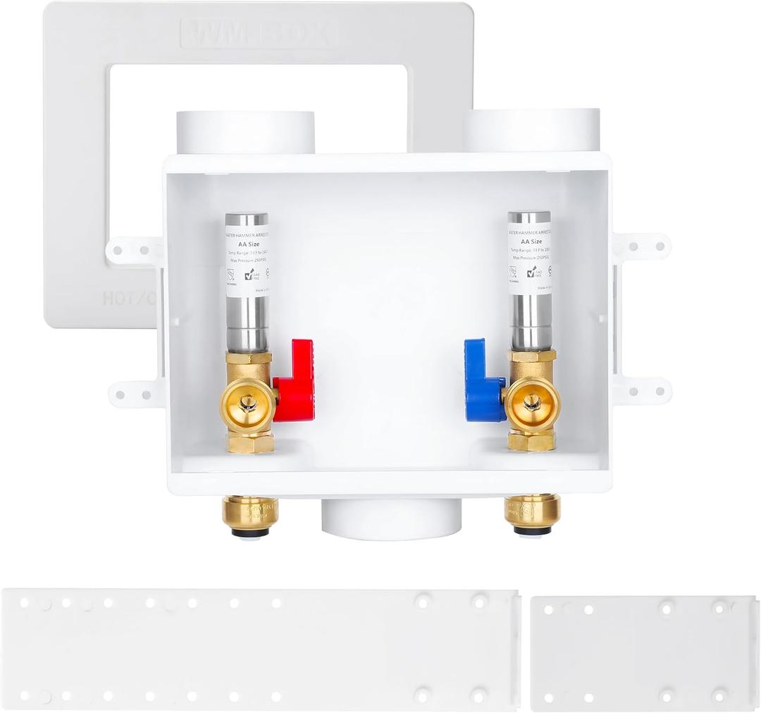 SECKWHALE Premium Washing Machine Outlet Box, with Stainless Steel Water Hammer Arrestor, 1/2" PushFit x 3/4" MHT, Laundry Washer Valve Outlet Box with Clear Text Instructions