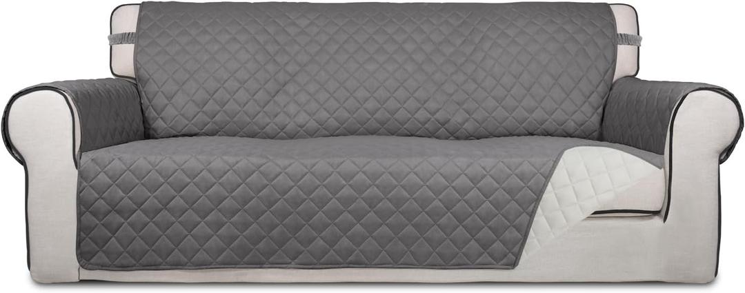 PureFit Reversible Quilted Sofa Cover, Water Resistant Slipcover Furniture Protector, Washable Couch Cover with Non Slip and Elastic Straps for Kids, Dogs, Pets (Sofa, Gray/Ivory) (Large)