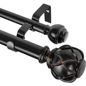 KAMANINA 1 Inch Double Curtain Rods for Windows 36 to 72 Inches (3-6 Feet), Black Heavy Duty Double Curtain Rod, Telescoping Drapery Rod with Netted Texture Finials