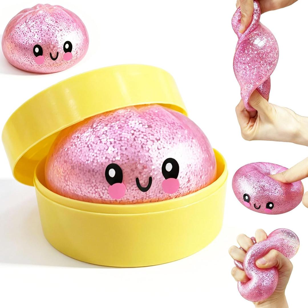 Glitter Dumpling Squishy Toy, Slow Rising Soft TPR Stress Relief Squishy for Adults & Kids – Cute Bao Bun Desk Decoration, Anxiety Relief Fidget, Party Holiday Birthday Gift (1PCS，Pink)