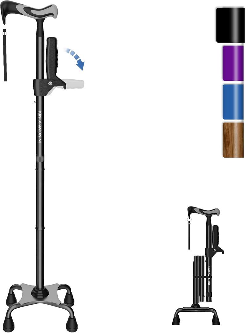 KingPavonini Walking Cane for Women/Men with Second Handle, Foldable & Adjustable Quad Cane with 4-Pronged Base for Standing, Lightweight Walking Aid for Seniors & Adults (Black)
