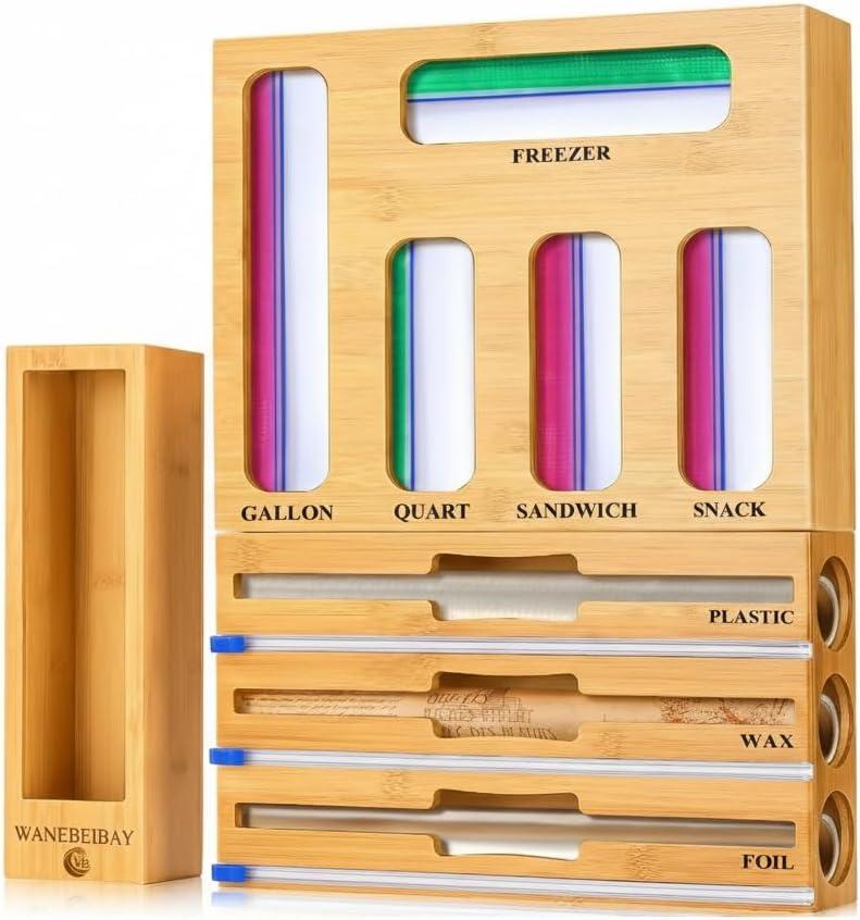 9-in-1 bamboo storage bag rack with cutter, suitable for kitchen drawer and wall storage, compatible with gallons, quarts, aluminum foil and cling film, sandwich, snack Bags