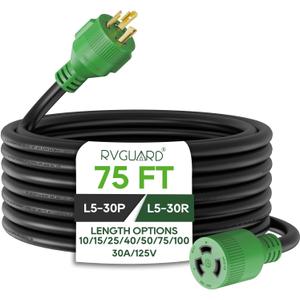 RVGUARD 3 Prong 30 Amp 75 Foot Generator Extension Cord, NEMA L5-30P/L5-30R 125V 10 Gauge SJTW Generator Power Cord with Cord Organizer, ETL Listed