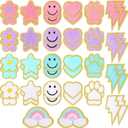 Yilloog 50 Pcs Self Adhesive Chenille Patches Paw Print Smile Face Heart Patch Preppy Sticker Chenille Rainbow Sew on Sticker for Jackets Jeans(Cute Style, Macaron Color)