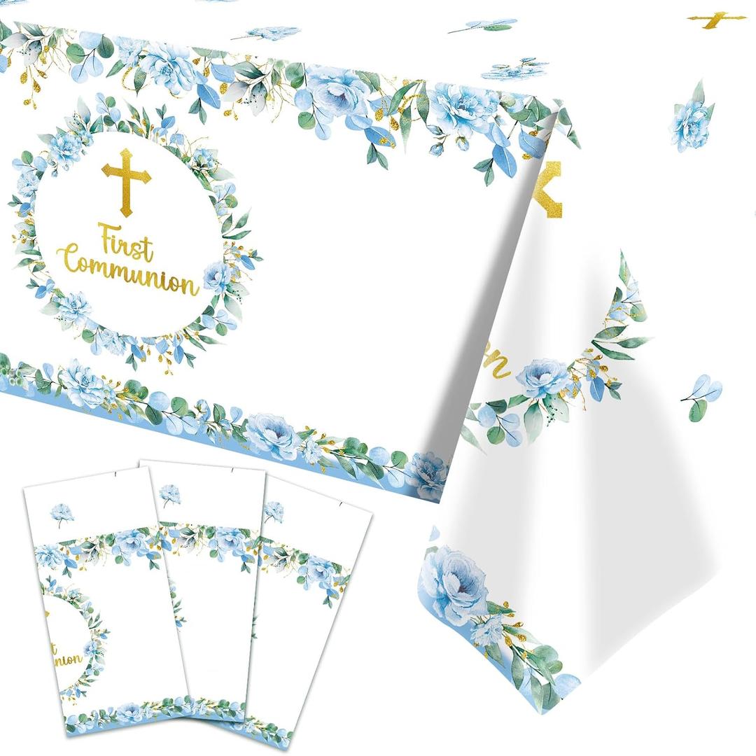 Pedenty 3-Piece 54 x 108 Inch First Communion Plastic Tablecloth Floral Cross Disposable Rectangle Table Covers for First Communion Party, Church Celebration, and Religious Table Decorations (Blue)