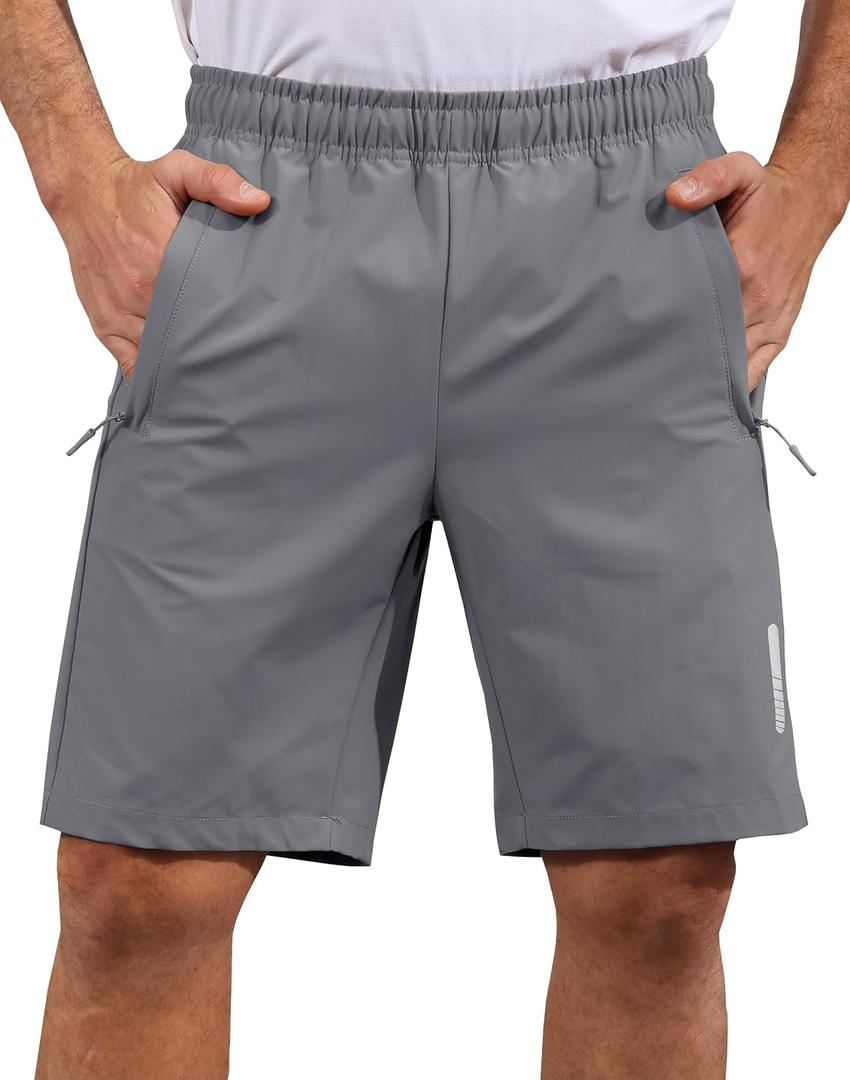 Mens Shorts Waterproof Quick Dry Slim Fit Athletic Running Gym Training Zipper Pockets for Basketball Tennis (Gray, XXL)