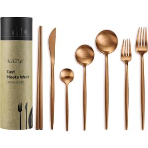 Copper Silverware Set Reusable Chopsticks - KiiZYs 14-piece Stainless Steel Utensils Set Kitchen Accessories - Modern Flatware Spoon Fork Knife - Cutlery Set Wedding Gift Box (Matte Copper, 2 Sets)