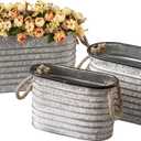 SOFE Rustic Galvanized Tub Small Oval Planter Set of 3, Planters for Indoor Plants, Metal Bucket with Rope Handles, Farmhouse Indoor Plant Pot Home Decor for Outdoor Garden