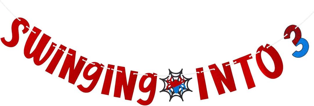 Spider Birthday Banner, Swinging Into 3 Banner Spider Themed Cartoon Party Decoration for Girls Boys Birthday Party Decoration Supplies