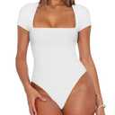 REORIA Womens Fashion Sexy Square Neck Double Lined Fitted Shirts Stretchy Short Sleeve Slimming Going Out Thong Bodysuit Tops White Small