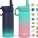 Kids Water Bottle, 2-Pack 16oz Water Bottles with Stickers and Straw, Stainless Steel Vacuum Insulated cup, Kids Water Bottle for School, Gifts for Boys and Girls(Blue/Green)