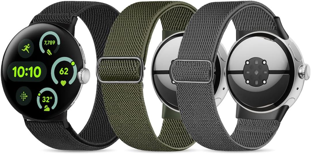 Stretchy Bands Compatible with Google Pixel Watch, 1/3 Pack Adjustable Elastic Nylon Strap for Women & Men (3P-Black+Army Green+Grey)