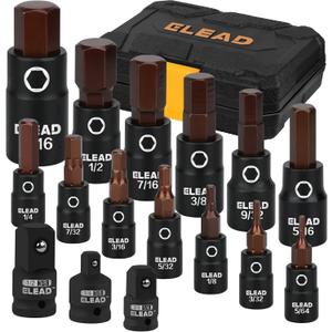 16-Piece SAE Hex Bit Impact Socket Set - Premium S2 Steel 5/64"-9/16" Allen Socket Set with Socket Adapters, 1/4, 3/8 and 1/2 Drive | Professional Mechanic Garage Tools