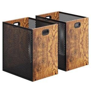 Retro Office Trash Can, Iron and Wood Combination Bedroom Garbage Can, Rectangular Design Wastebasket with Handle, Industrial Style Trash Can for Home Office, 11.02" X 7.87" X 11.81" 4.5 Gallon (2)