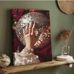 Elegant Hand with Pearl Bracelets and Disco Ball Canvas Wall Art - Glamorous Vintage-Inspired Decor