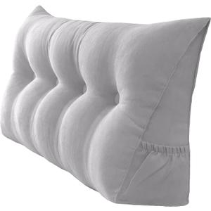 Triangular Reading Bed Rest Pillow Large Bolster Cushion Headboard Backrest Wedge Pillow with Removable Cover and Two Large Side Pockets (Chalk Grey, 47 x 8 x 20 inches)