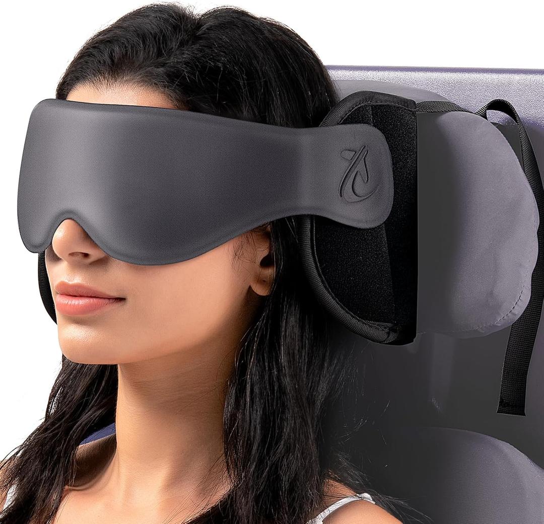 Travel Pillow, Airplane Neck Pillow with 3D Eye Mask for Sleeping, Round Edge Plane Head Strap 360Headrest Support for Long Flight, Stop Bobblehead, Travel Essential for Car Road Trip Grey