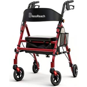 BlessReach Lightweight Foldable Rollator Walkers with Seat for Seniors, 350 lb Capacity, 5-Position Adjustable Height, Premium Hybrid Rolling Walker - Aluminum and Carbon Steel (Red)