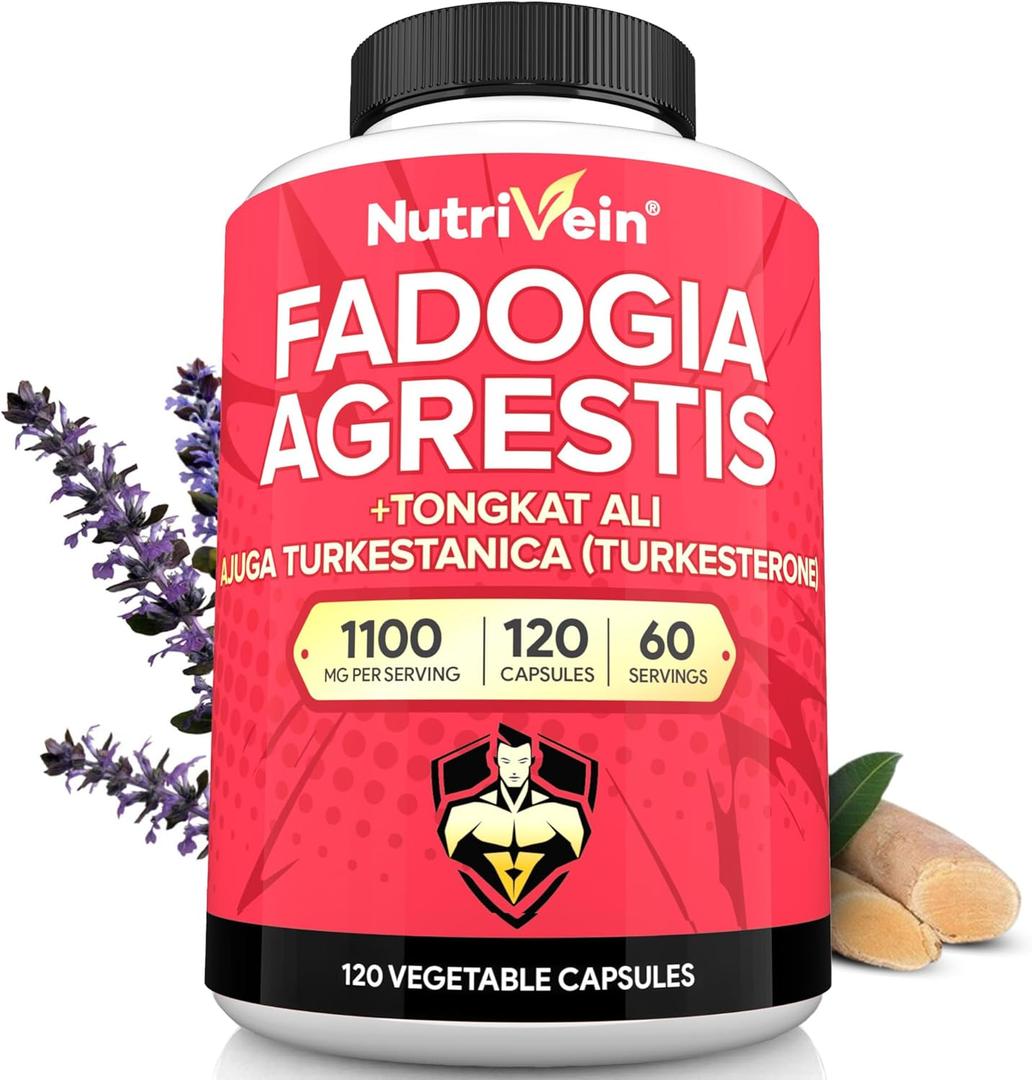 Nutrivein Premium Fadogia Agrestis and Tongkat Ali Supplement with Turkesterone - 1100 mg - 120 Caps - Synergistic Blend for Performance, Strength, & Recovery for Men & Women of All Ages