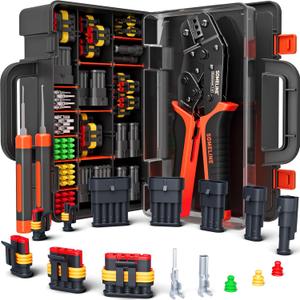 SOMELINE Waterproof Automotive Connector Crimping Tool Kit, 1/2/3/4/5 Pin Waterproof Wire Connectors, with 22-14 AWG Ratchet Crimping Tool and Terminal Removal Tool, for Car/Motorcycle/Boat