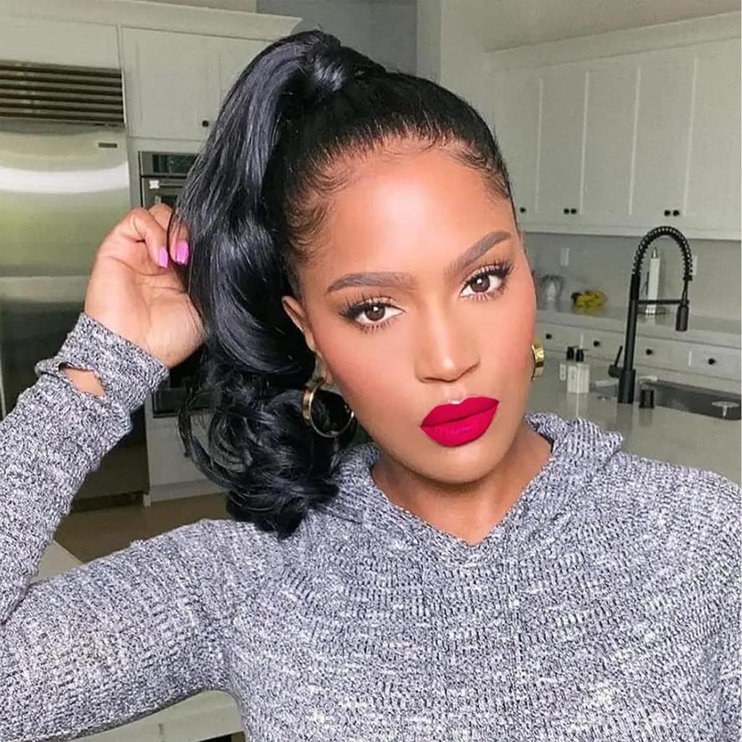 KRSI 14Inch Spiral Curl Short Black extensions Drawstring Ponytail for Black Women, Curly Hair Ponytail Drawstring Extension Wavy Clip in Ponytail Hair Extensions Hair Pieces for Women Ponytail(1B#)