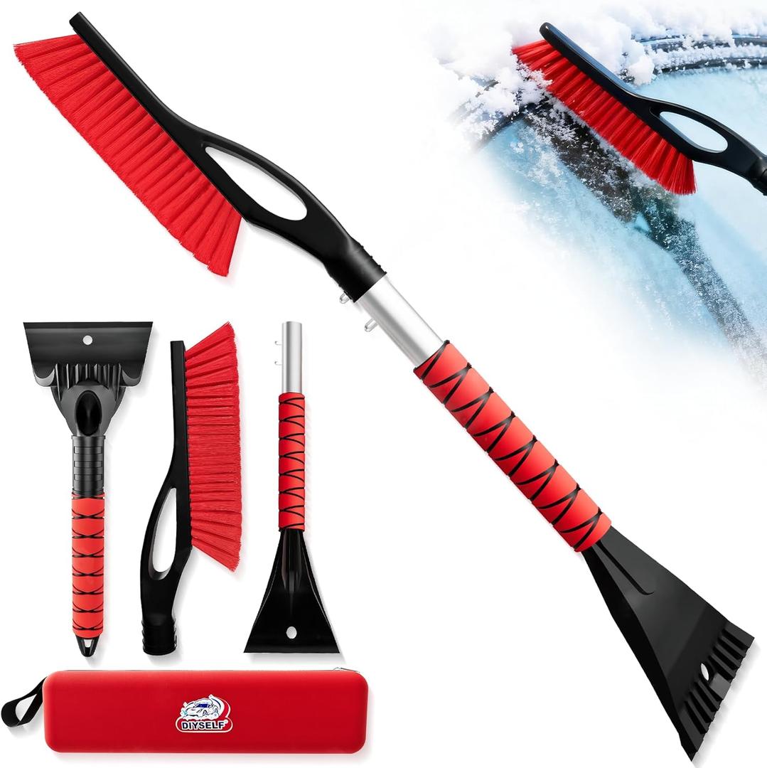DIYSELF 27" Snow Brush with Two-Size Ice Scrapers for Car Windshield, 4 Pack Detachable Snow Removal Tool, Ergonomic Foam Grip, Snow Scraper for Car, Trucks, SUV, Christmas Stocking Stuffers for Men (Red)