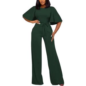 BessCops Womens Loose Short Sleeve Belted Wide Leg Pant Romper Jumpsuit Casual Business One Piece Outfits XL Green