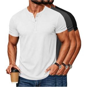 Waffle Henley Shirts for Men Short Sleeve Button Tops Casual Basic T Shirts Lightweight Summer Tees Knit 3 Pack (XL)