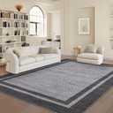 Large Area Rug 9x12 Modern Bordered Rug Non Slip, Washable & Foldable, Minimalist Neutral Carpet, Low Pile Thin Foldable Printed Mat, Soft Non Shedding Floor Cover for Office, Black