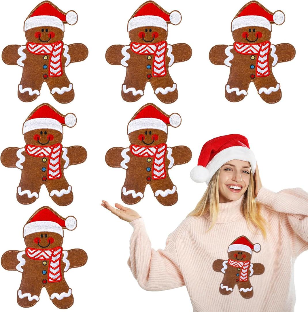 Luinabio 6 Pcs 7'' Large Size Christmas Iron-on Patch Gingerbread Iron on Patches Appliques Embroidery Patches Bulk Craft Clothes Jeans Hat Sweater Jacket Bag Accessories DIY
