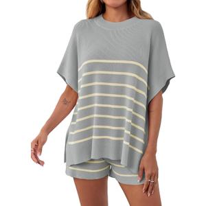 Fisoew Women's Striped 2 Piece Outfits Oversized Batwing Short Sleeve Tops High Waisted Shorts Summer Knit Lounge Short Sets Light Grey XXL