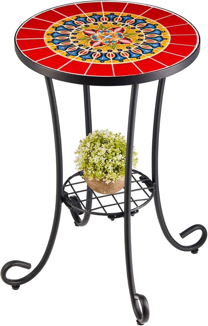 VONLUCE Patio Side Table and Plant Stand, 21" End Table with 14" Ceramic Tile Top for Porch Garden Decor, Indoor and Outdoor Mosaic Table, Living Room Bedroom Balcony Furniture for Home & Garden, Red