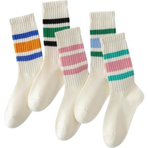 DarkCom Striped Crew Socks Seamless, or Solid Cotton Tube Socks, Casual Comfort 5 Pairs for Women and Men (Medium)