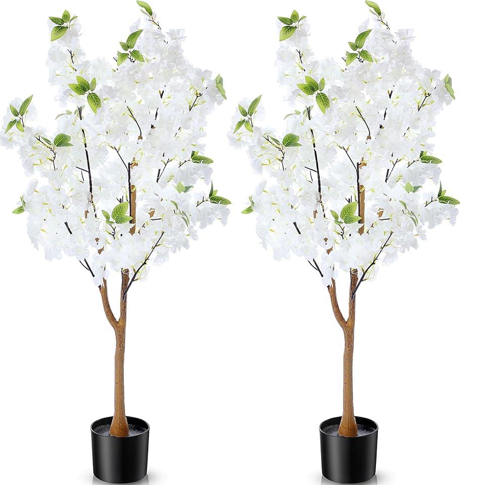 Giegxin 2 Pcs Artificial Cherry Blossom Tree 3.9 FT Fake Faux Sakura Flowers Potted Plant Indoor with Plastic Nursery Pot for Home Porch Bedroom House Entryway Office Outdoor (White)