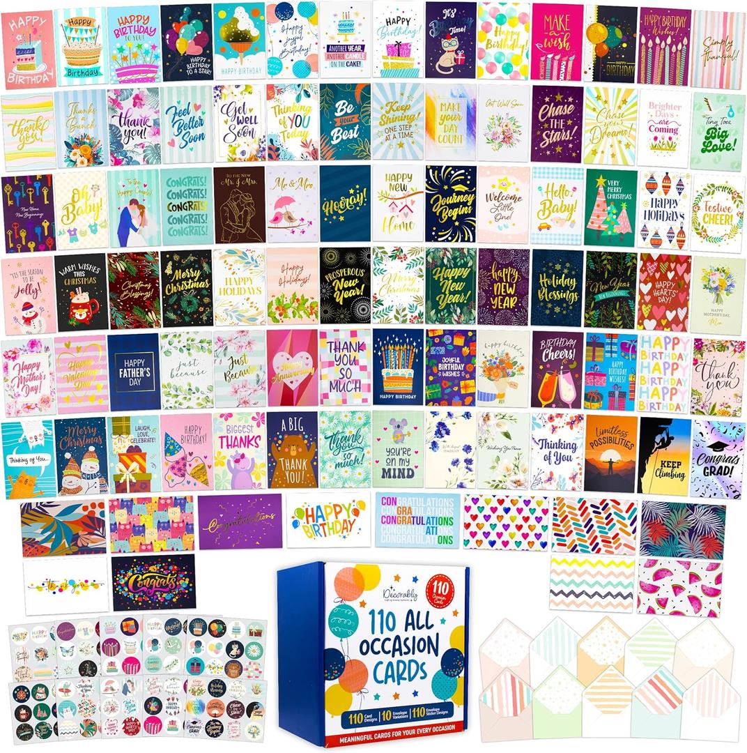 Decorably 110 Pack Gold Foiled & Glittery 5x7in All Occasion Cards Assortment Box with Envelopes & Stickers, 110 Folded Unique Designs for Friends & Family with Printed Message - Gifting, Mailing