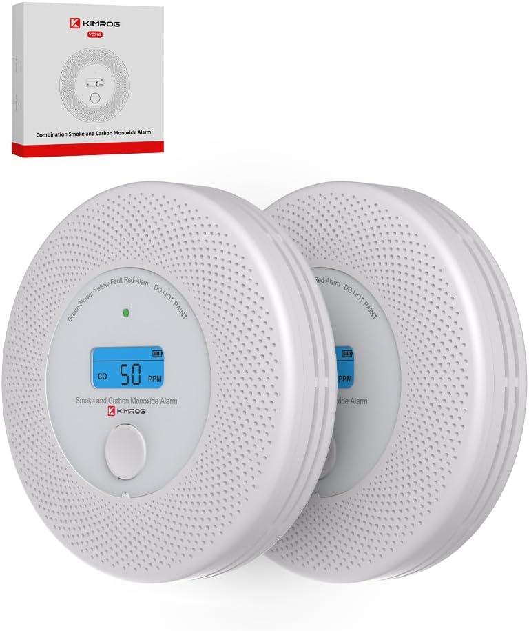 10-Year Sealed Battery 2-in-1 Smoke & Carbon Monoxide Detector Alarm | CO & Smoke Alarm Detector with Backlit LCD Display & V-0 Flame-Retardant Housing(2-Pack)