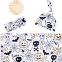 Newborn Baby Halloween Receiving Blanket Stretchy Knit Swaddle Set with Matching Headband and Beanie (Grey)