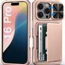 BXYJY for iPhone 16 Pro Case Wallet, Builtin Card Holder (45 Cards), Slide Camera Cover, Military Grade Protection, Hard Heavy Duty Women Girly Men Protective Phone Case for iPhone16 Pro, Rose Gold