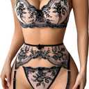 Lilosy Sexy Floral Embroidery Mesh Sheer Underwire Push Up Garter Belt Lingerie Set Women See Through Bra Panty 3 Piece Black X-Large