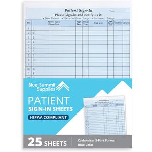 Blue Summit 25 Patient Sign in Sheets HIPAA Compliant Peel Off, Privacy Sign in Sheets for Doctors Office, Carbon Copy 3 Part Forms with Peel Off Adhesive Labels, Blue
