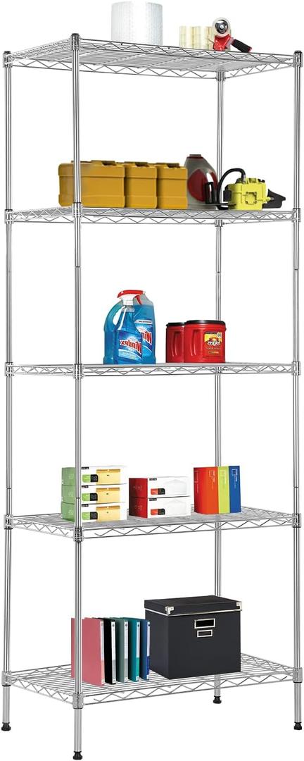 BestOffice | 5-Tier Wire Storage Shelves | 14x24x60 | Chrome | with Adjustable Racks | Heavy-Duty Metal Shelf, Holds Upto 750 lbs | No-Tool Assembly | Ideal for Home & Garage Shelving, Chrome 
