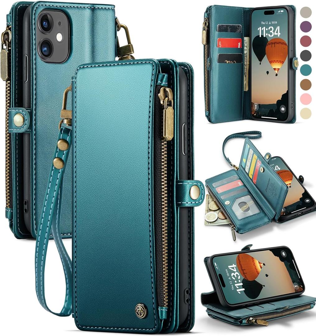 Defencase Compatible with iPhone 11 Case Wallet with RFID Blocking Card Holder for Women Men, Fashion PU Leather Magnetic Snap Flip Zipper Strap Wallet Phone Case Fit for iPhone 11 6.1", Blue Green