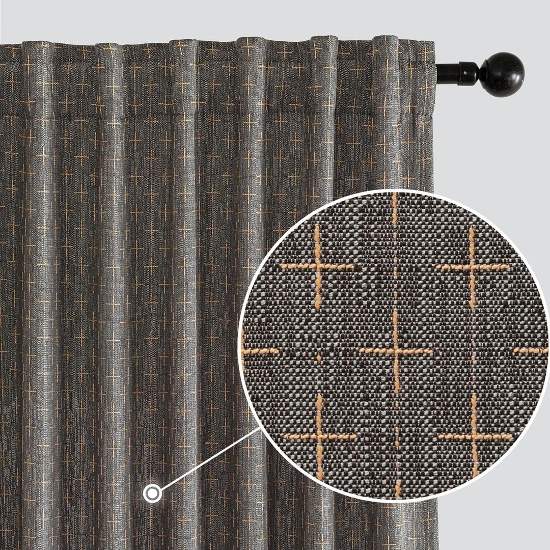 MIULEE Decorative Back Tab Linen Curtains with Geometric Pattern for Living Room Bedroom Farmhouse Rustic Thick Woven Textured Patterned Mudcloth Drapes 63 Inch Length 2 Panels Set, Dark Grey