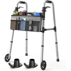Loyoda Folding Walker with Basket and Glide Skis, 5" Wheels Lightweight Walkers for Seniors and Adults, Supports Up to 350 Pounds, Adjustable Height, Compact Standard Walker