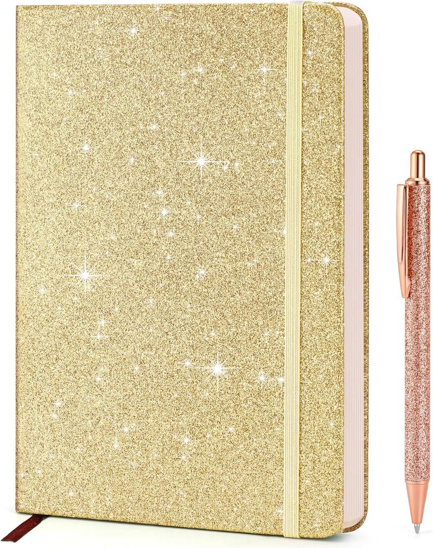 Gold Glitter Notebook, 8.4"x 5.7", 200 Lined Pages, No-Shed Sparkle Journal for Girls & Women, A5 Hardcover Diary for Writing, Birthday Gift for Teen Kids, Trendy Stuff for 8 9 10 11 12 Year Old
