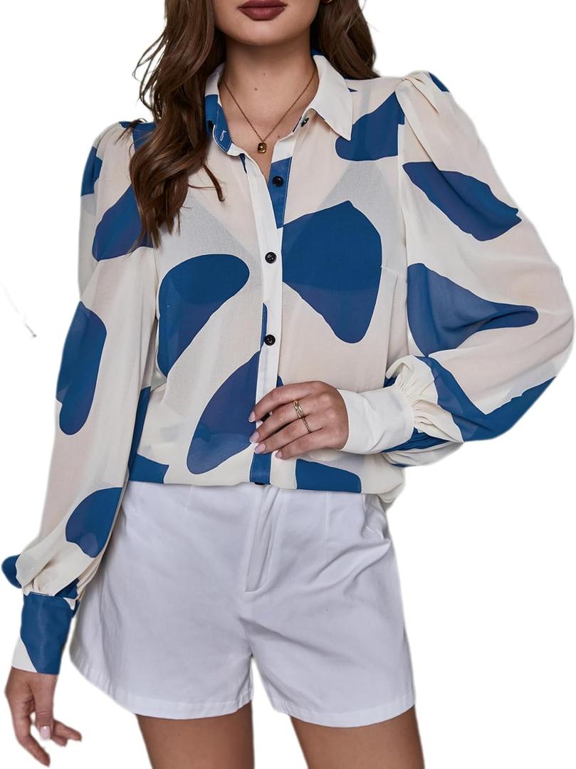 Floerns Women's Button Down Sheer Chiffon Blouse Shirts Long Sleeve Collar See Through Blouse Tops (Large, Blue)